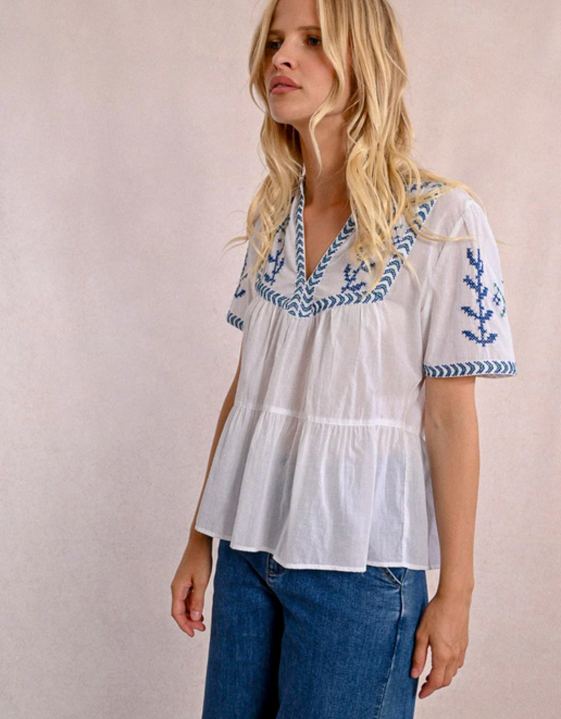 Molly Bracken 'Azalea' S/Slv Peblem w/ Cross Stitch Detail Blouse
