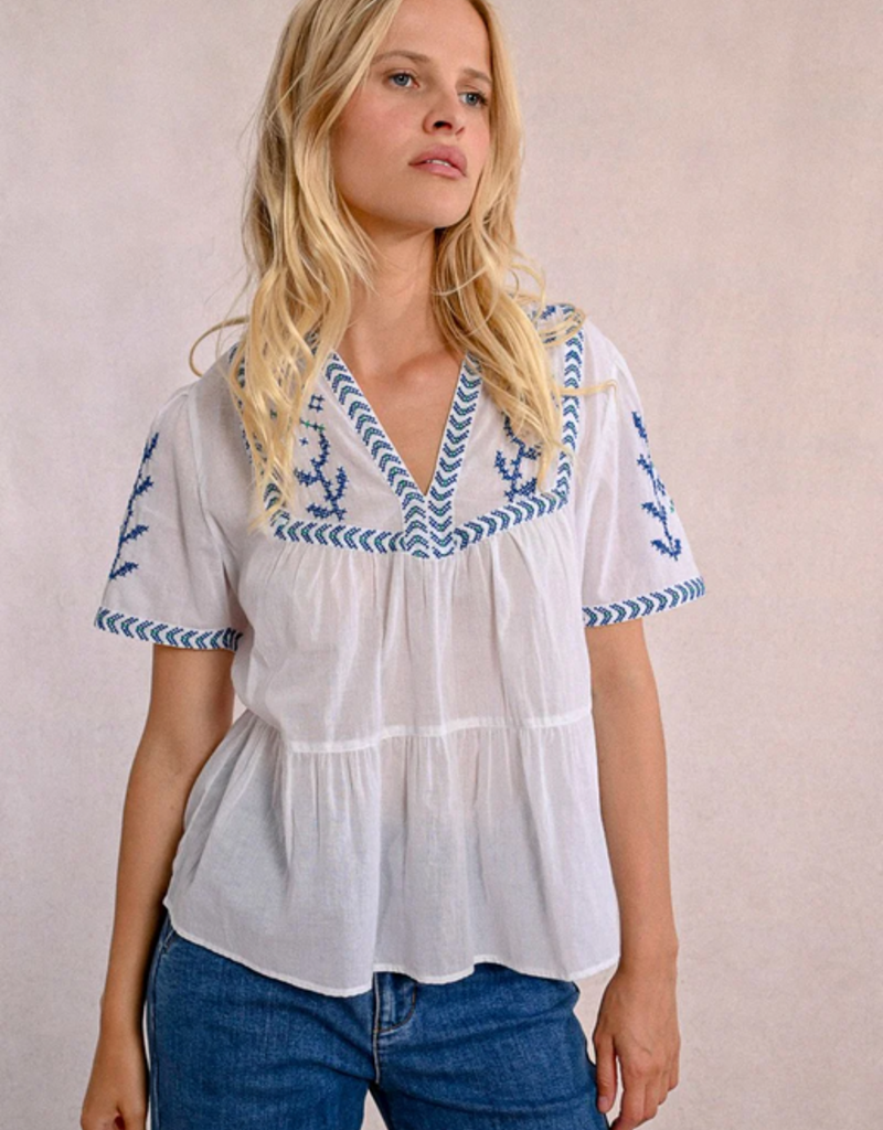 Molly Bracken 'Azalea' S/Slv Peblem w/ Cross Stitch Detail Blouse
