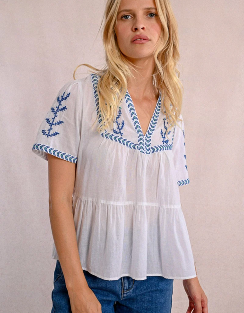 Molly Bracken 'Azalea' S/Slv Peblem w/ Cross Stitch Detail Blouse