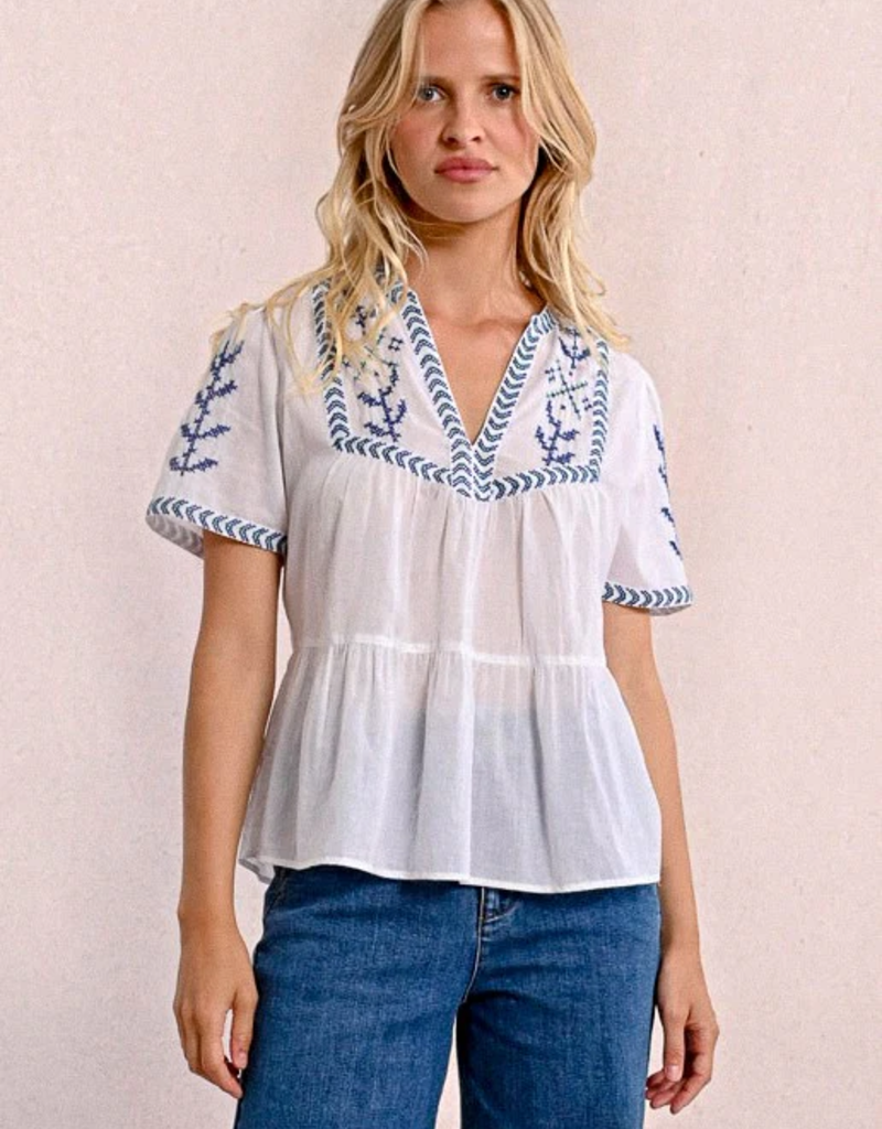 Molly Bracken 'Azalea' S/Slv Peblem w/ Cross Stitch Detail Blouse