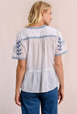 Molly Bracken 'Azalea' S/Slv Peblem w/ Cross Stitch Detail Blouse