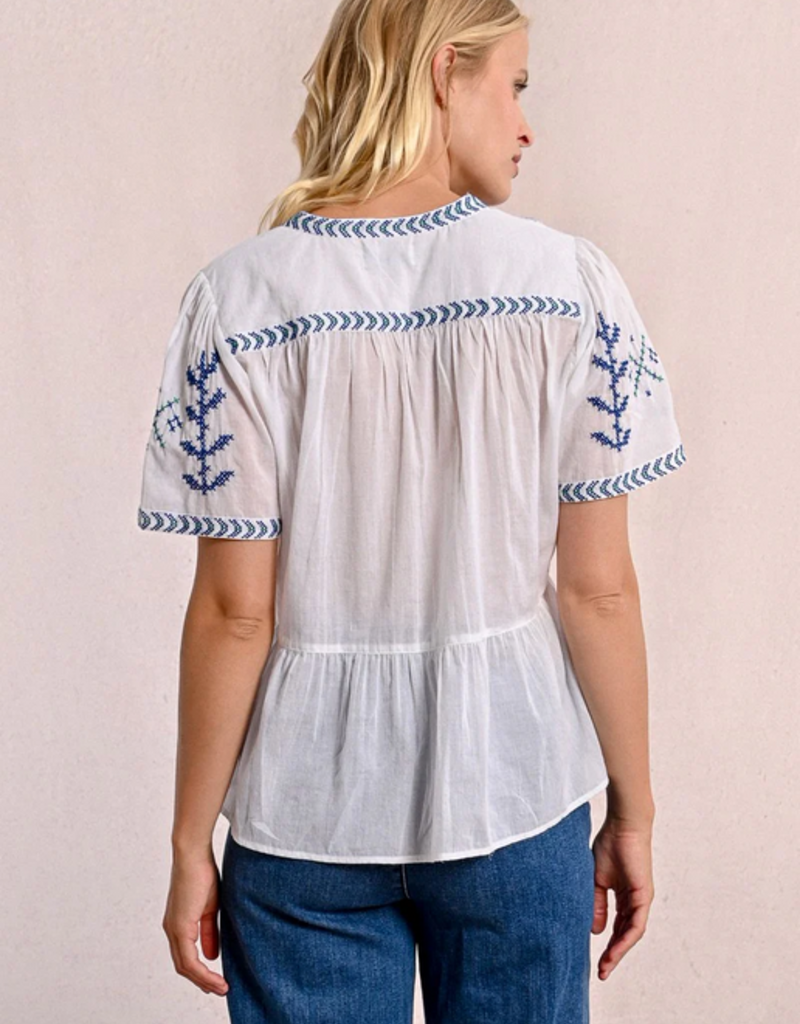 Molly Bracken 'Azalea' S/Slv Peblem w/ Cross Stitch Detail Blouse