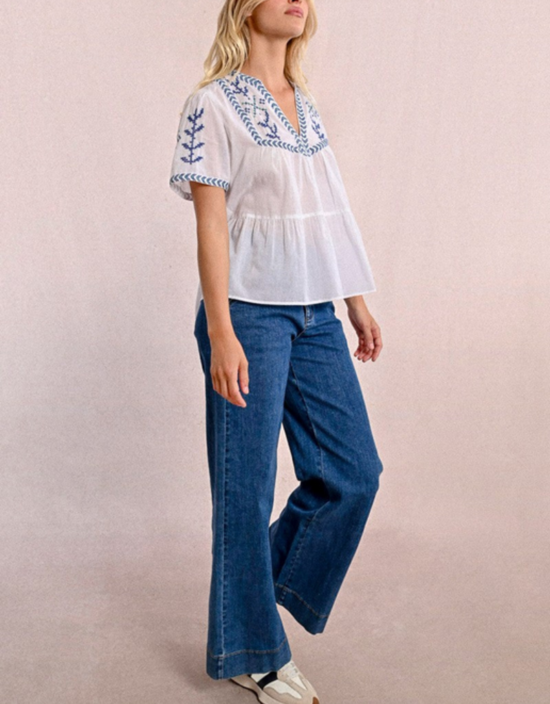 Molly Bracken 'Azalea' S/Slv Peblem w/ Cross Stitch Detail Blouse