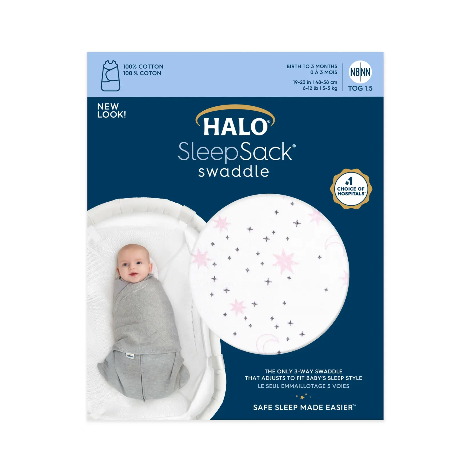 Halo HALO COTTON 1.5 TOG SWADDLES MIDNIGHT MOONS PINK