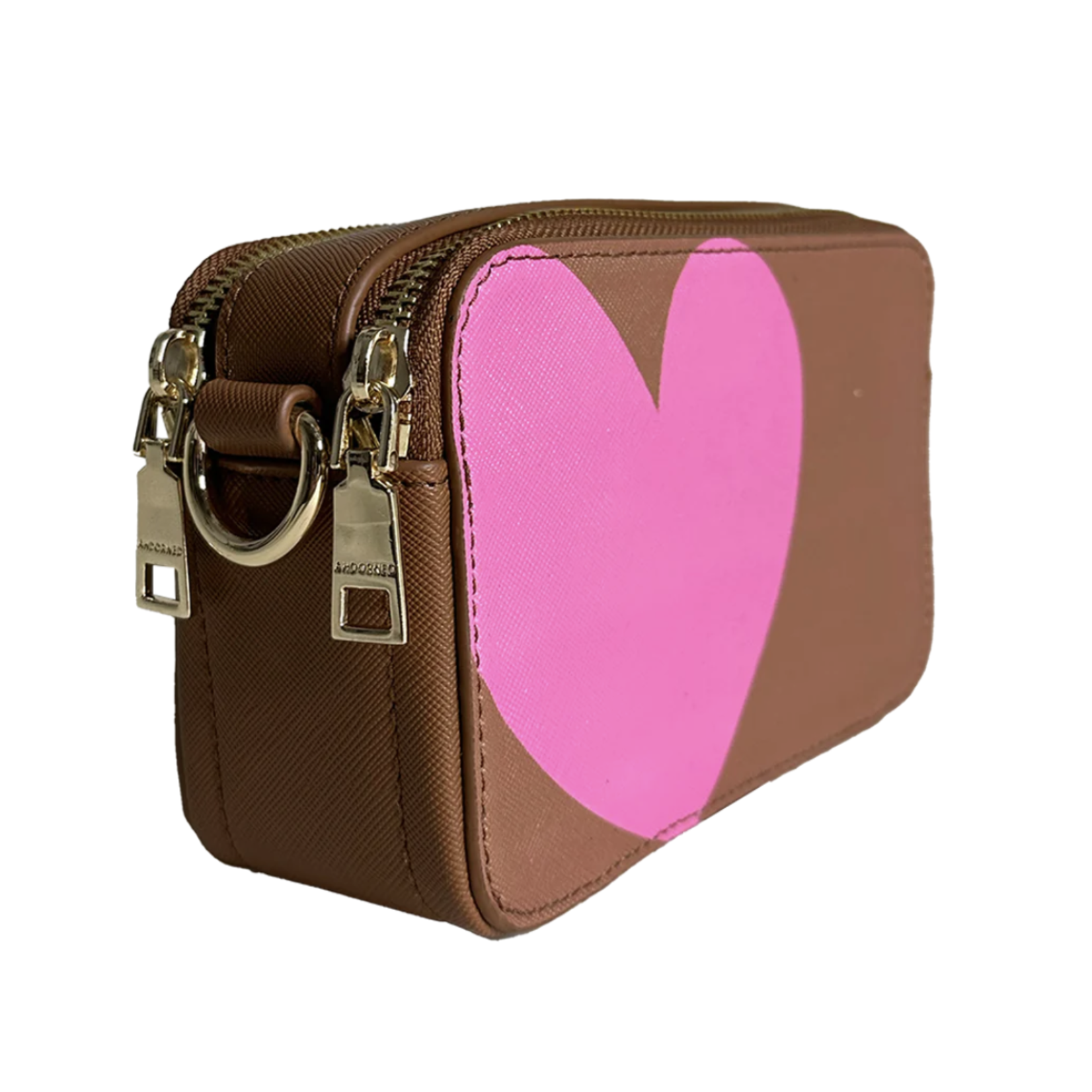 ah-dorned Camel w/ Pink Heart Vegan Leather Camera Bag
