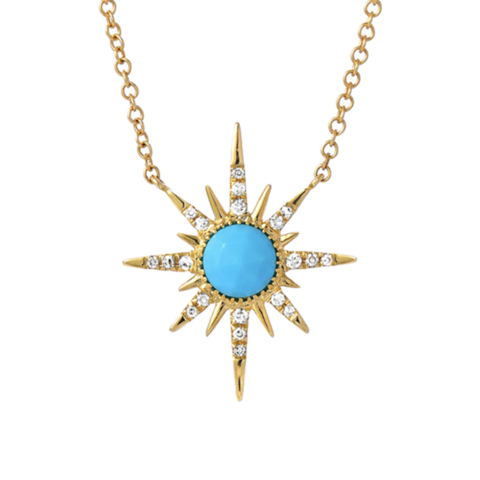 LIVEN CO 14KY Turquoise Center & Diamond Sun Necklace 16-18"