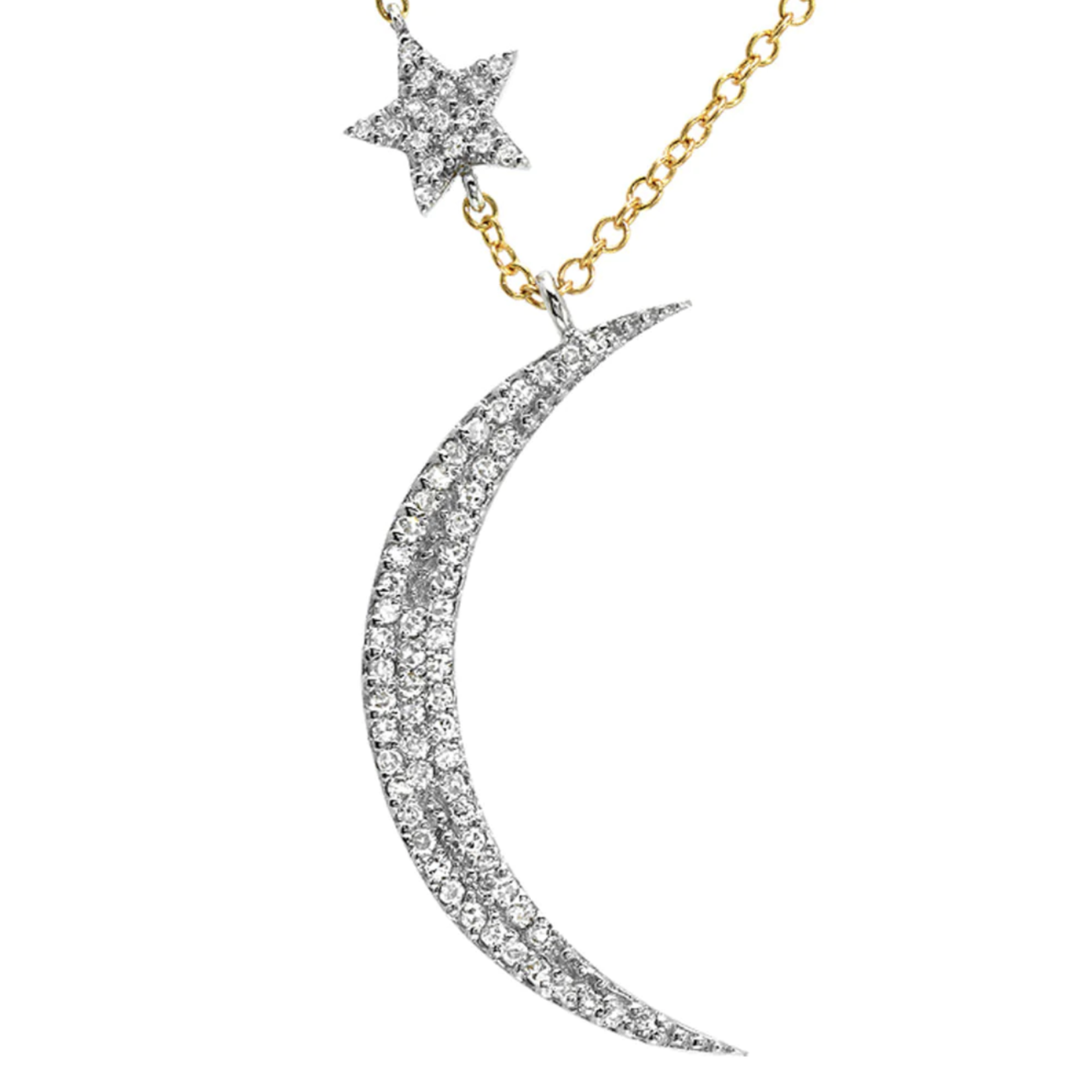 LIVEN CO 14K Yellow & White Dimaond Crescent Moon & Floating Star Necklace- 16'18"