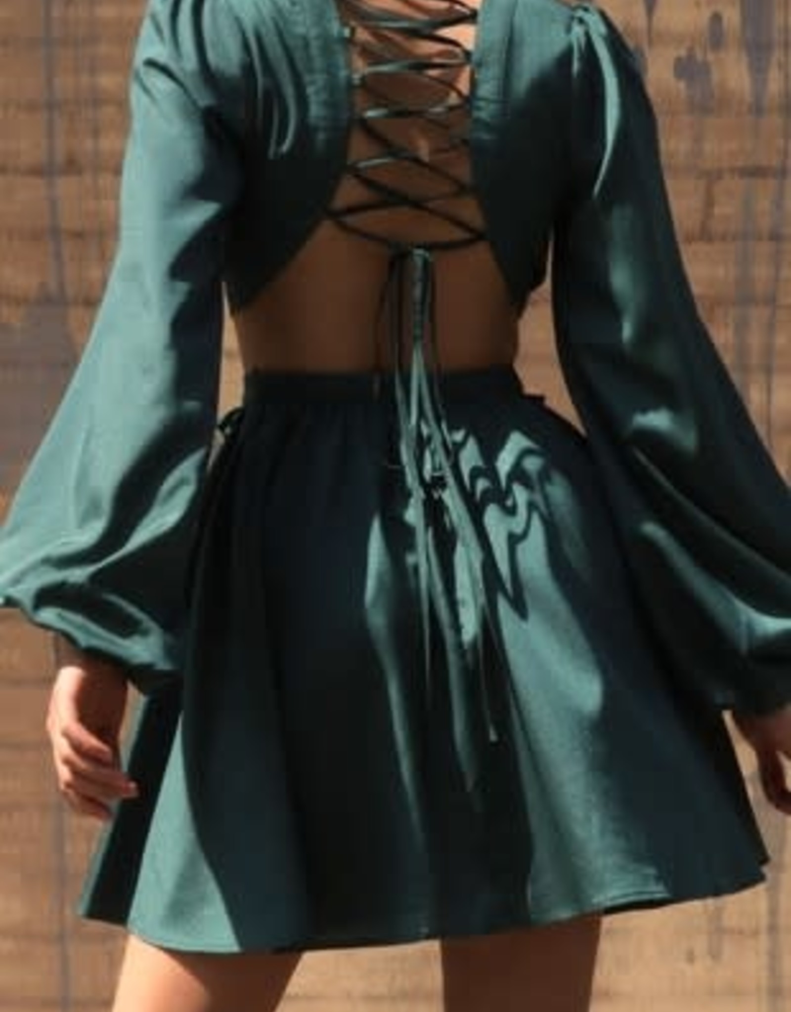 HOTOVELI Mini Ruffled Dress With Lace Up Back Detail