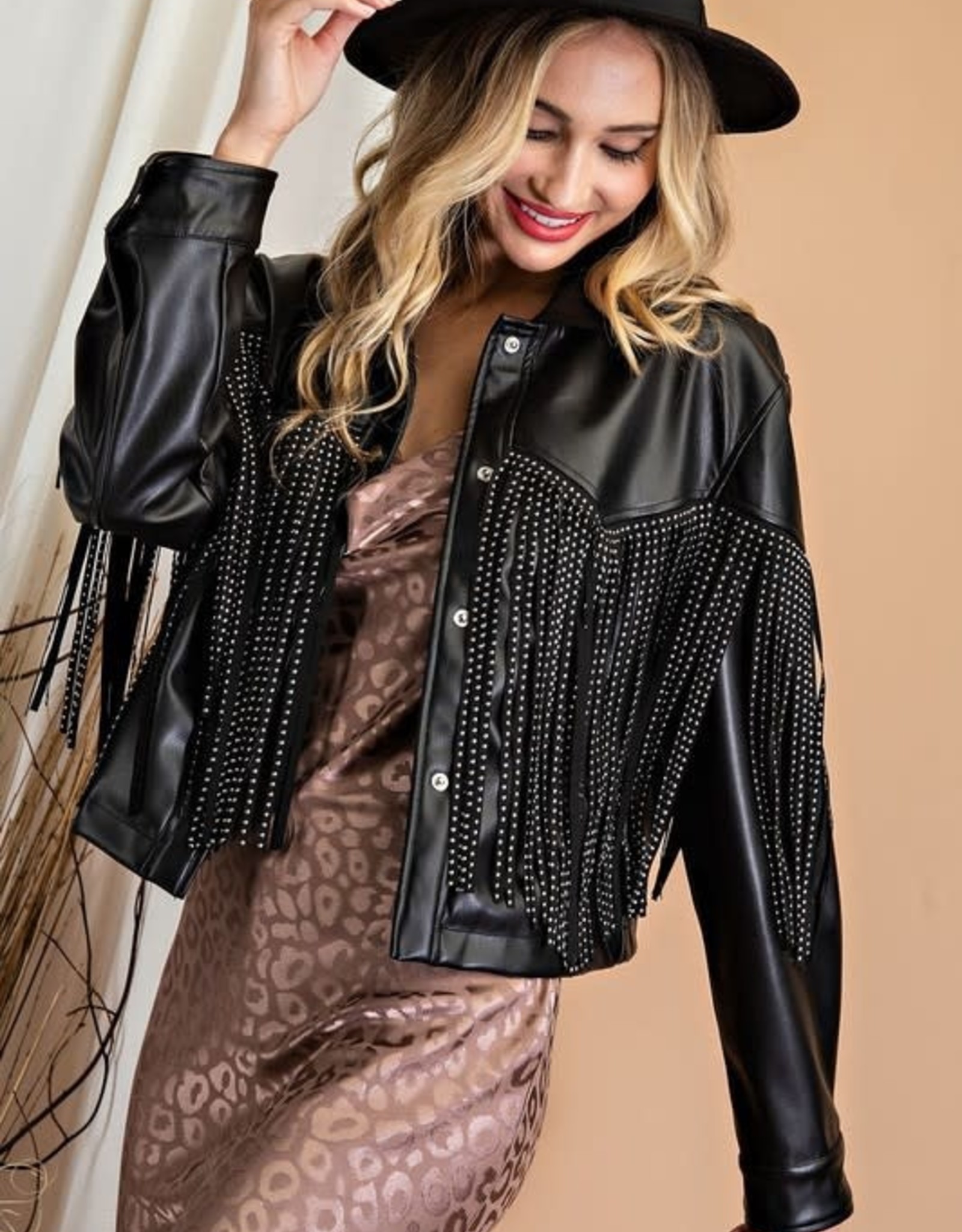 HOTOVELI Faux Leather Jacket with studded fringe detail