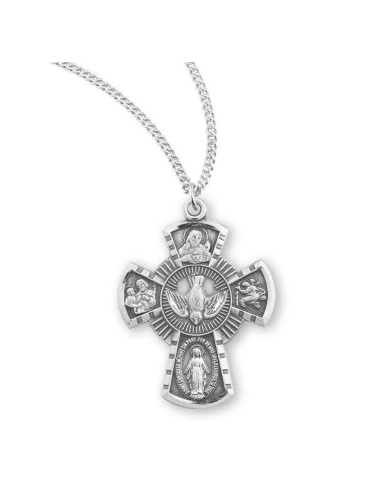 HMH Religious Sterling Silver Four Way Medal W/Holy Spirit With 18" Chain Necklace