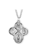 HMH Religious Sterling Silver Four Way Medal W/Flower Center With 24" Chain Necklace