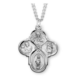 HMH Religious Sterling Silver Four Way Medal W/Flower Center With 24" Chain Necklace