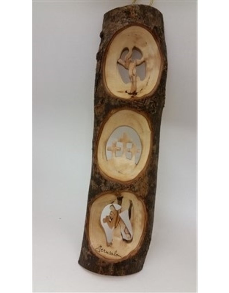 EarthWood Olive Branch with 3 scenes, 3 Crosses, Crucifix, Christ with Cross 11"
