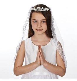 089945507225 Pearlescent Bead Encrusted Communion Tiara with 26 Inch Lace Trim Veil; Style Kate