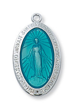 McVan Sterling Silver Blue Enameled Miraculous Medal with 18" Rhodium Plated Brass Chain