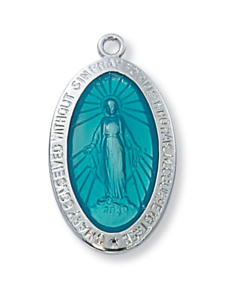 McVan Sterling Silver Blue Enameled Miraculous Medal with 18" Rhodium Plated Brass Chain