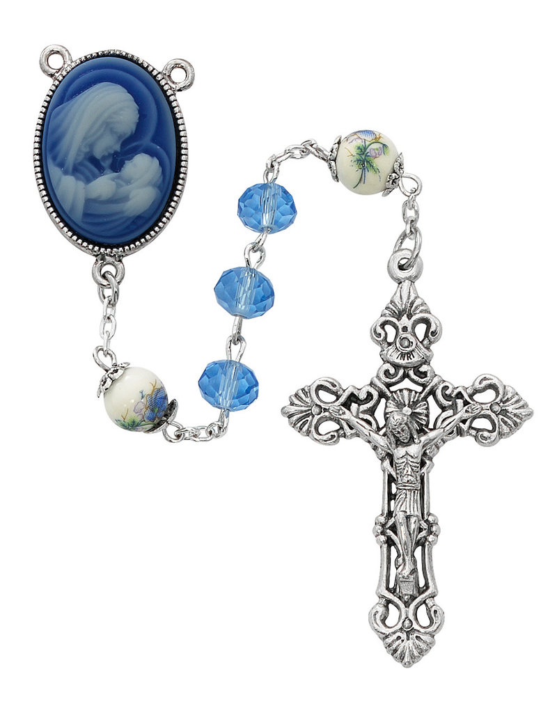 McVan 7mm Blue Crystal Rosary with Blue Cameo Madonna and Child Centerpiece