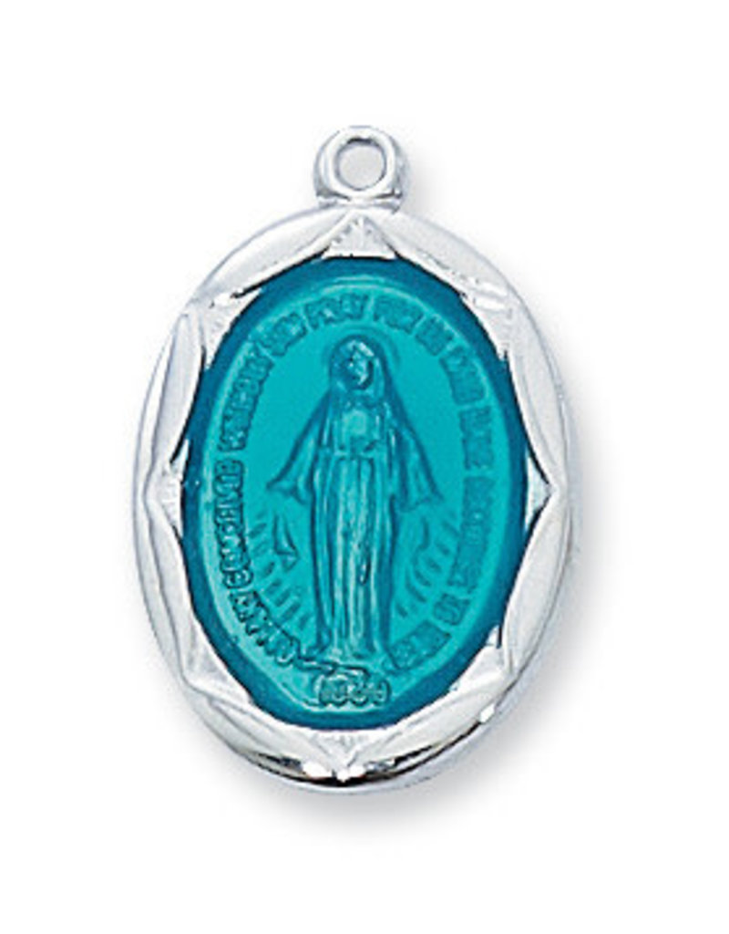 McVan Sterling Silver Blue Miraculous Medal with 18" Rhodium Plated Chain and Deluxe Gift Box