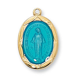 McVan Gold over Sterling Silver Blue Miraculous Medal with 18" Gold Plated Chain and Deluxe Gift Box