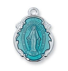 McVan Sterling Silver Blue Miraculous Medal with 18" Rhodium Plated Chain and Deluxe Gift Box