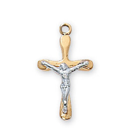 McVan Gold Over Sterling Silver Two-Tone Crucifix with 16" Gold Plated Chain and Deluxe Gift Box