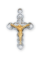 McVan Sterling Silver Two Tone Crucifix Pendant - 16" Rhodium Chain and Deluxe Gift Box