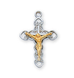 McVan Sterling Silver Two Tone Crucifix Pendant - 16" Rhodium Chain and Deluxe Gift Box