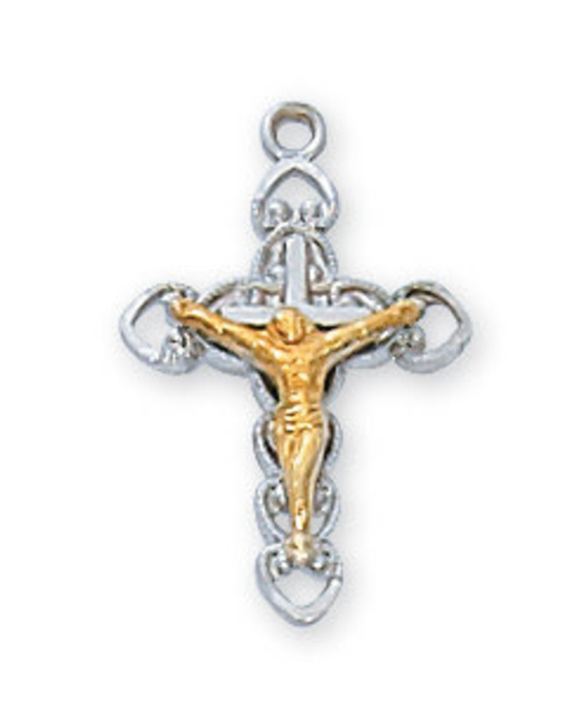 McVan Sterling Silver Two Tone Crucifix Pendant - 16" Rhodium Chain and Deluxe Gift Box