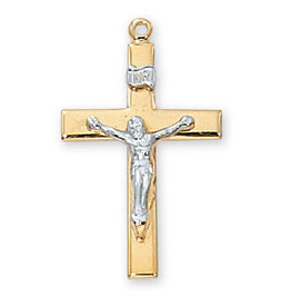 McVan Gold Over Sterling Silver Two-Tone Crucifix with 18" Gold Plated Chain and Deluxe Gift Box