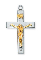 McVan Sterling Silver Two Tone Crucifix Pendant with 18" Rhodium Chain and Deluxe Gift Box