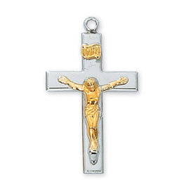 McVan Sterling Silver Two Tone Crucifix Pendant with 18" Rhodium Chain and Deluxe Gift Box