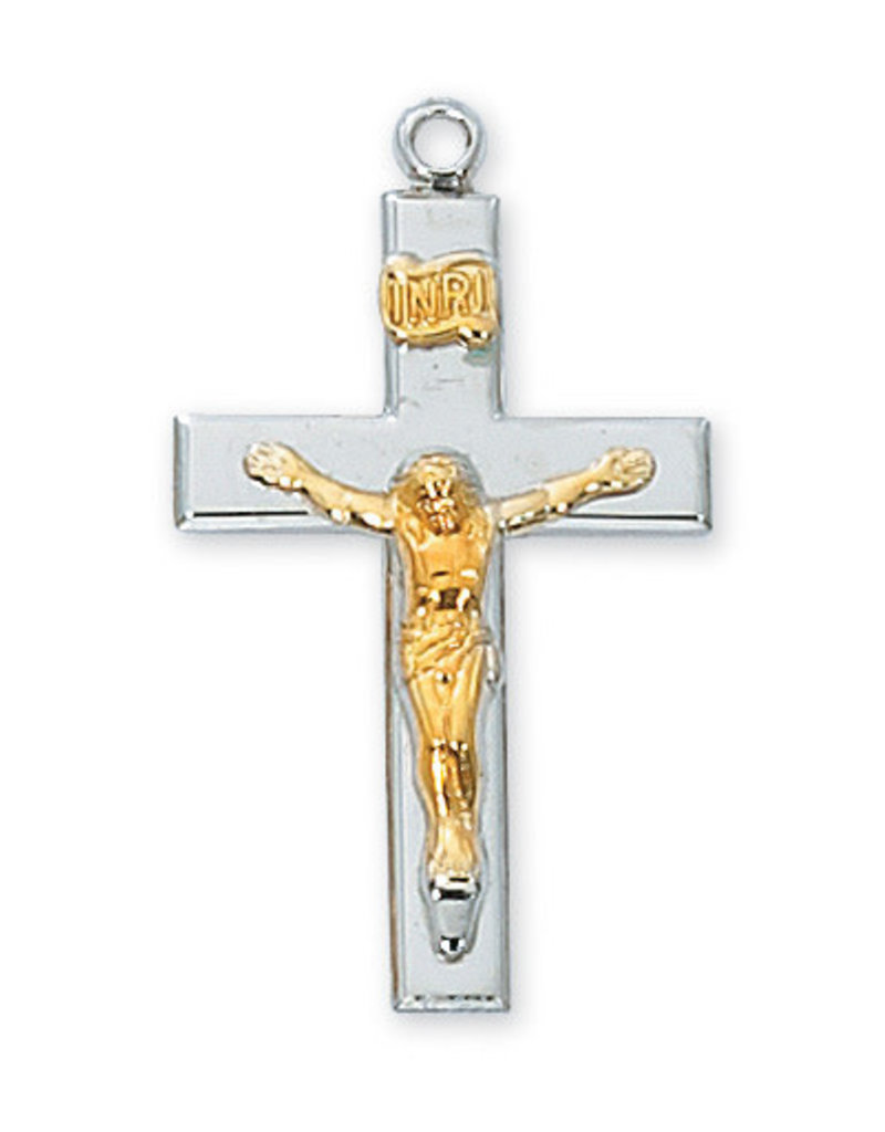 McVan Sterling Silver Two Tone Crucifix Pendant with 18" Rhodium Chain and Deluxe Gift Box