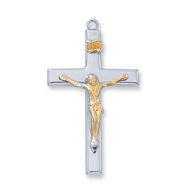 McVan Sterling Silver Two- Tone Crucifix with 24" Rhodium Plated Chain and Deluxe Gift Box