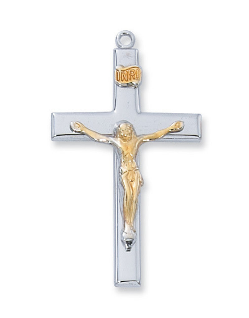 McVan Sterling Silver Two- Tone Crucifix with 24" Rhodium Plated Chain and Deluxe Gift Box