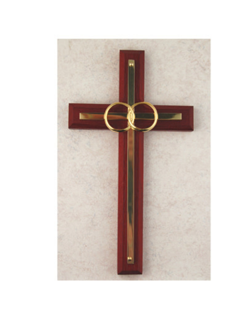 McVan 6 1/2in. Walnut with Overlay Wedding Cross Boxed - 6 1/2in. stained walnut wood with white silk screen on brass overlay with plated rings. Comes boxed.