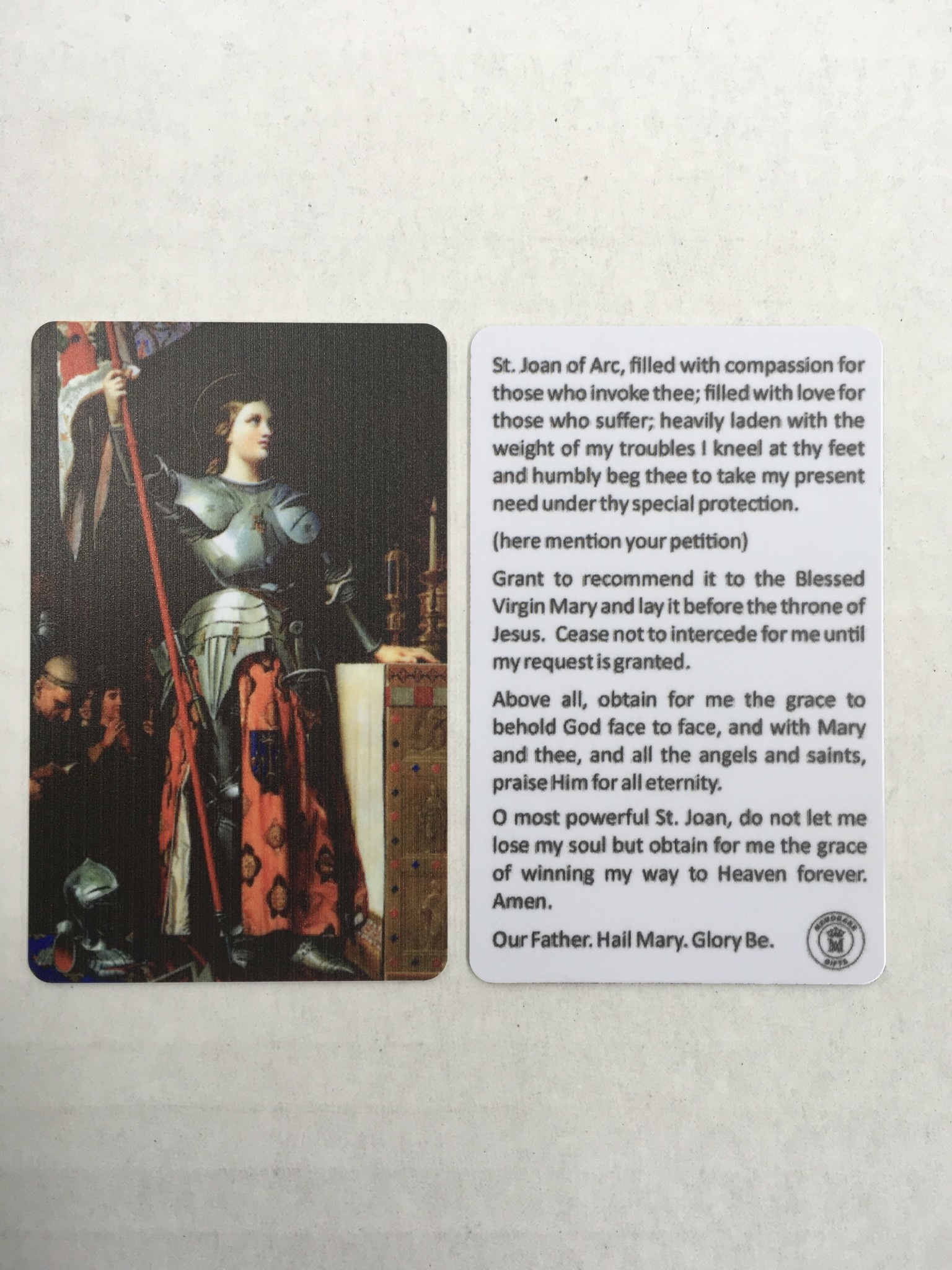 Memorare Gifts St. Joan of Arc Prayer Card - Queen of Angels Catholic Store