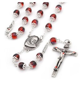 Ghirelli Saint Pio of Pietrelcina Anniversary Rosary in Antique Silver with Red Bohemian Glass Beads