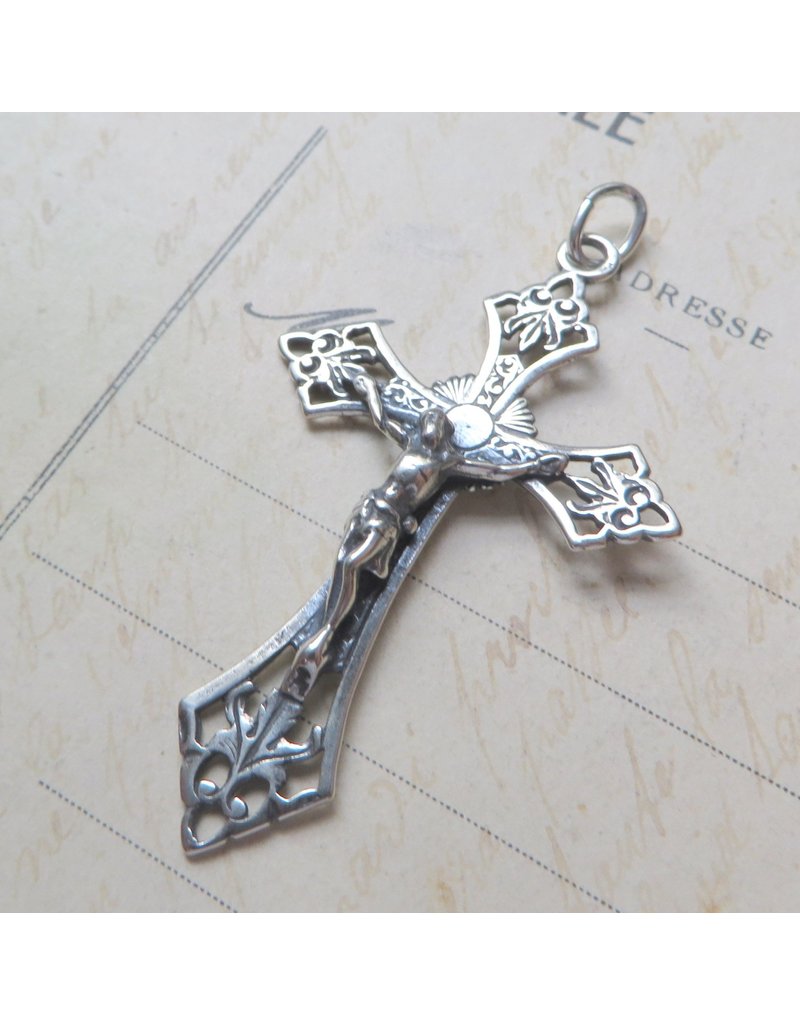 Rosa Mystica Crucifix with Central Radiant Heart – Sterling Silver Antique Replica