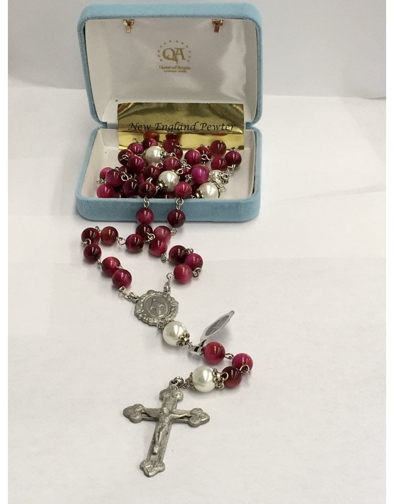 HMH Religious Fuchsia Dyed Tigereye Rosary with Pewter Crucifix