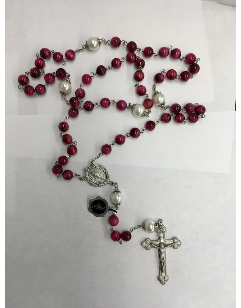 HMH Religious Fuchsia Dyed Tigereye Rosary with Pewter Crucifix