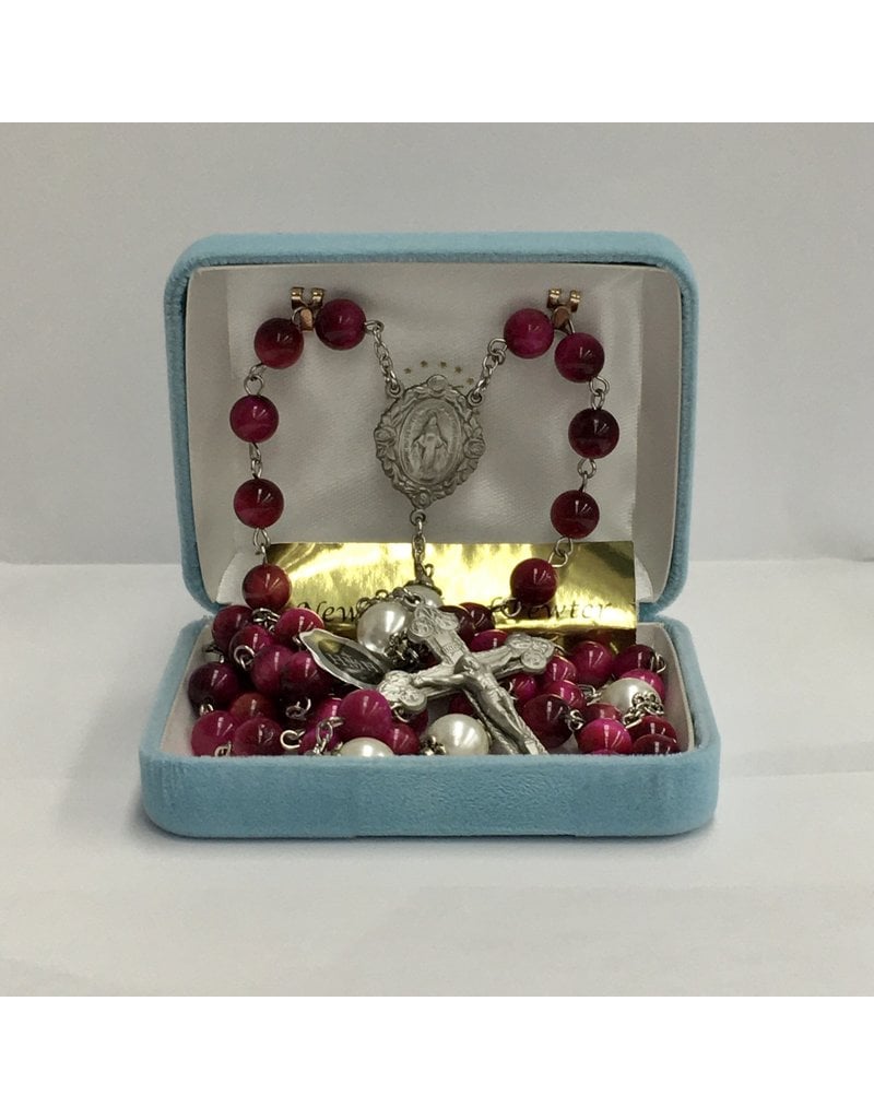 HMH Religious Fuchsia Dyed Tigereye Rosary with Pewter Crucifix