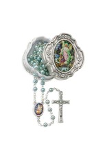 WJ Hirten 4mm Light Blue Glass Bead Guardian Angel Rosary in a Metal Box