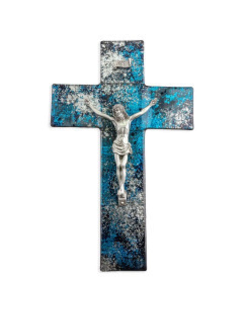 WJ Hirten 10" Blue & Silver Shimmering Silver Glass Cross with Genuine Hand Polished Pewter Corpus