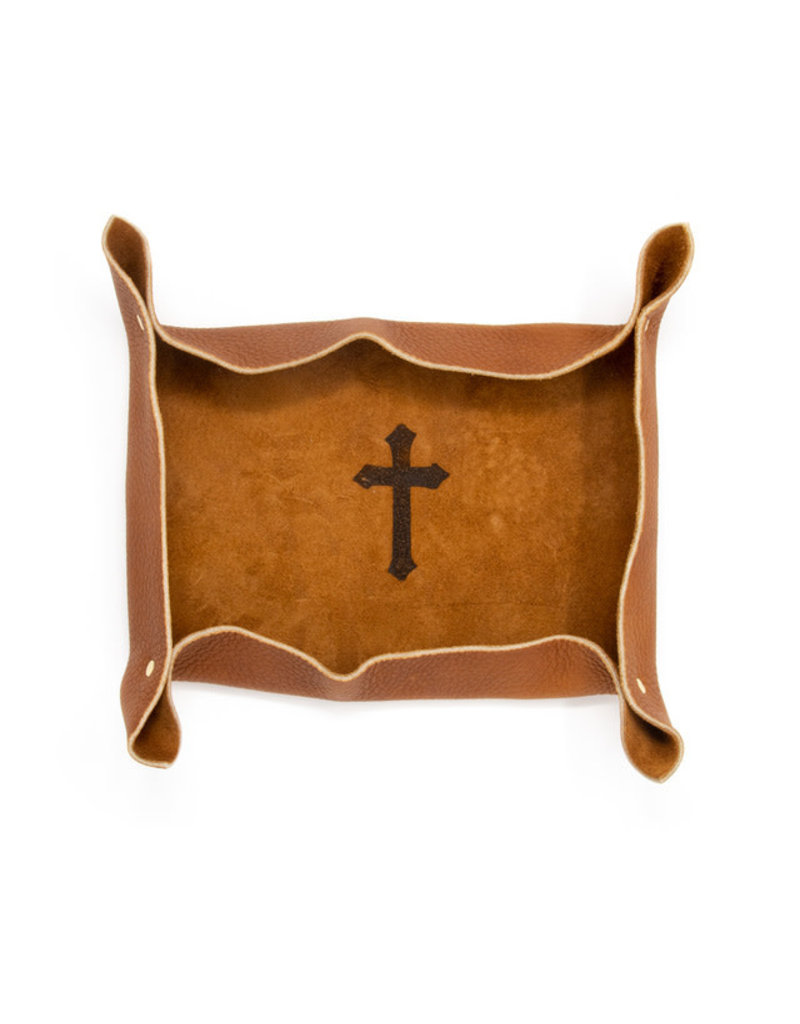 OreMoose || Valet Tray (Tan Casco) - Handmade Leather Catchall Tray with Cross Design
