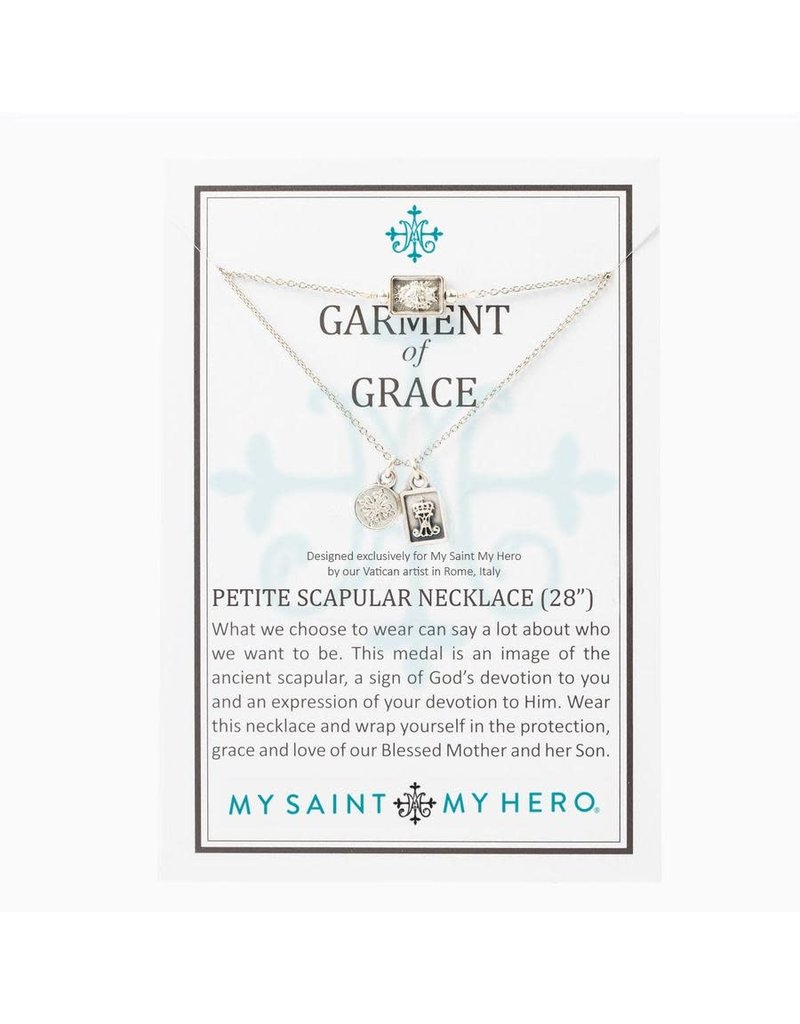 My Saint My Hero Garment of Grace Petite Scapular Necklace Silver