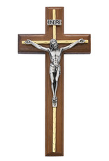 McVan 10" Beveled Walnut Crucifix with Brass Accents and Silver Corpus