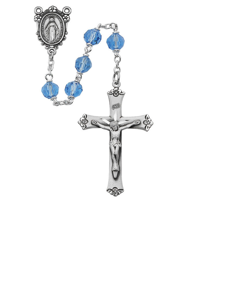 Blue Tin Cut Crystal Rosary Boxed - Sterling silver center