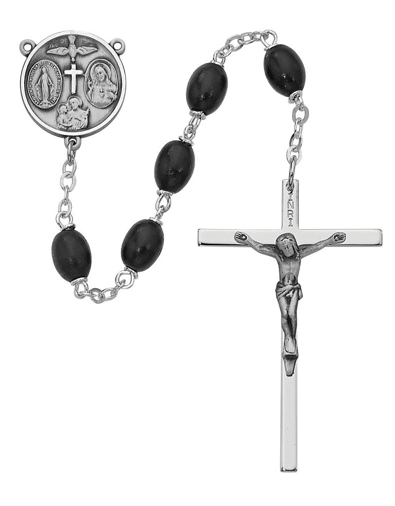McVan Black Oval Wood Rosary Boxed, sterling silver crucifix