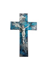 WJ Hirten 10" Blue & Silver Shimmering Silver Glass Cross with Genuine Hand Polished Pewter Corpus