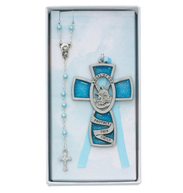 McVan Blue Guardian Angel Baby Cross Crib Medal and Rosary Set